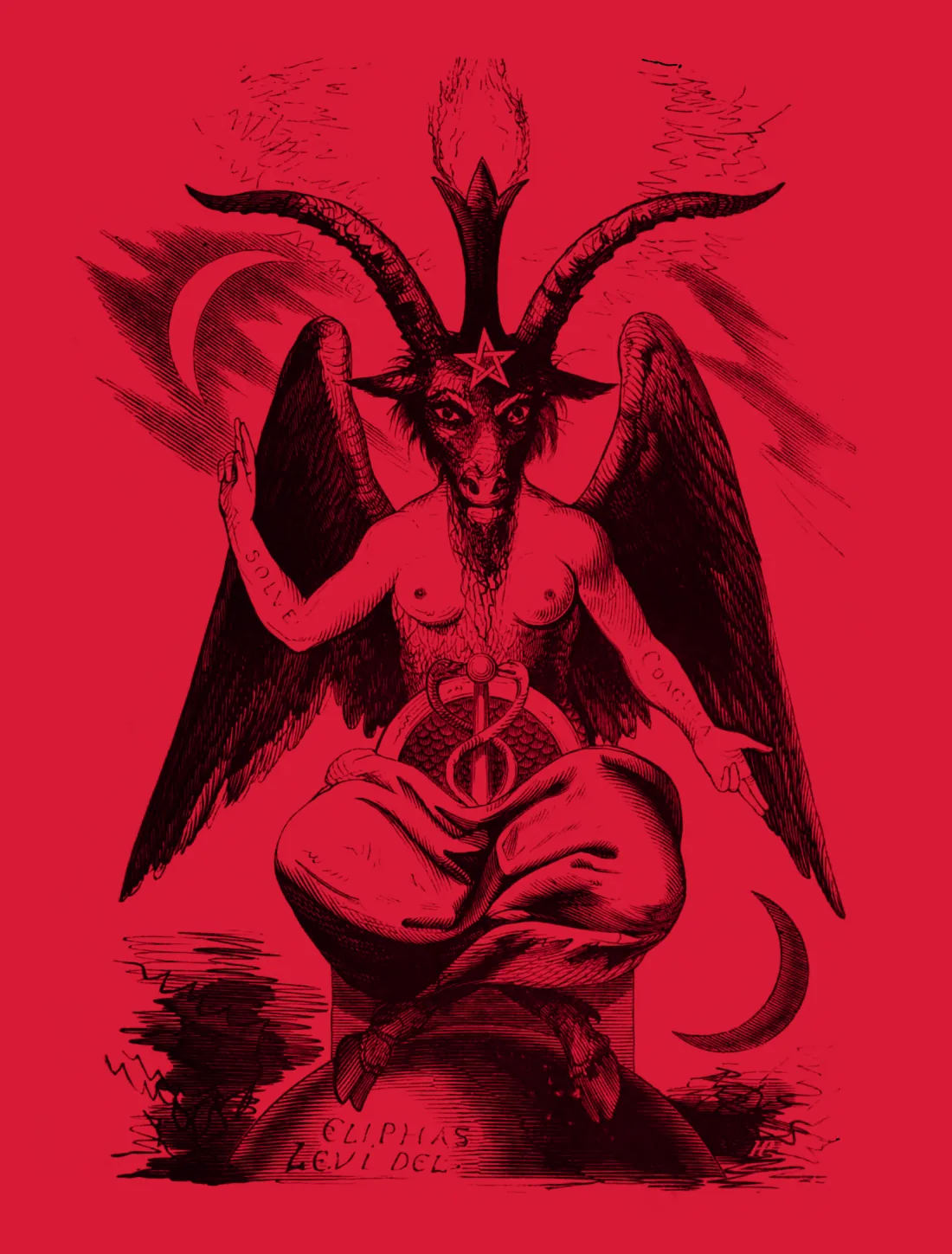Baphomet as Éliphas Lévi drew him: goat-headed and winged, a flame between the horns, one arm raised and one lowered, seated on a globe between two moons