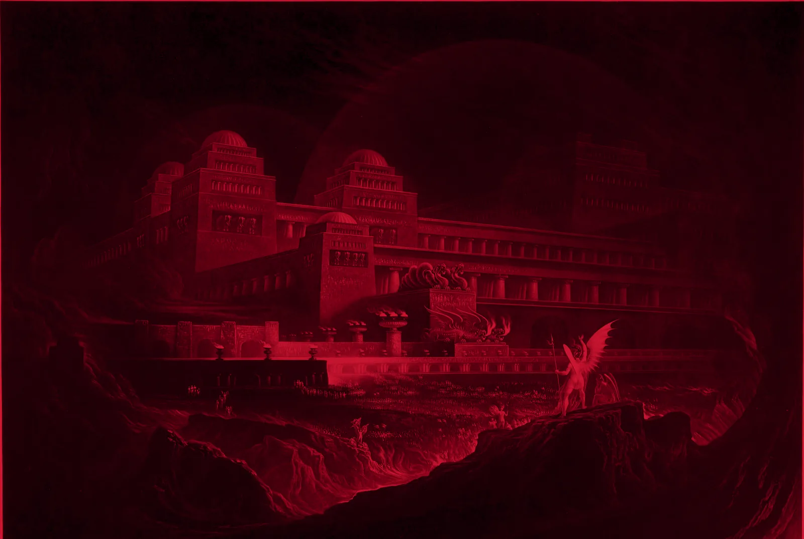 Pandæmonium rising out of the lake of fire: a palace of domes and colonnades lit by braziers, the fallen gathered below and Satan standing winged on a rock