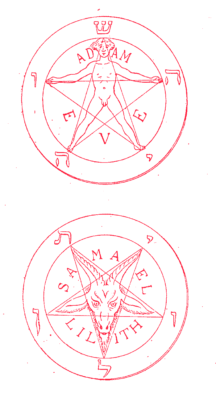 Two pentagrams, one above the other: Adam standing in the upright star, and the goat's head in the inverted star, ringed by the names Samael and Lilith