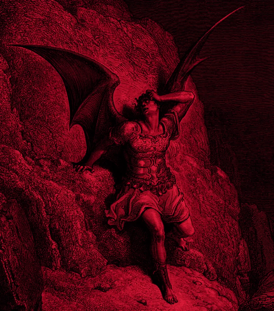 Satan fallen on a rock, bat-winged and in armour, one hand at his brow, looking up at what he lost