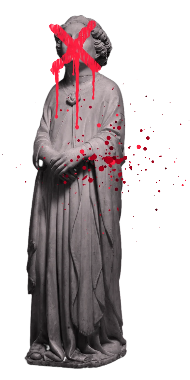 A marble angel at prayer, its face struck out with a red painted cross, the paint running down its robe and blood thrown across its hands
